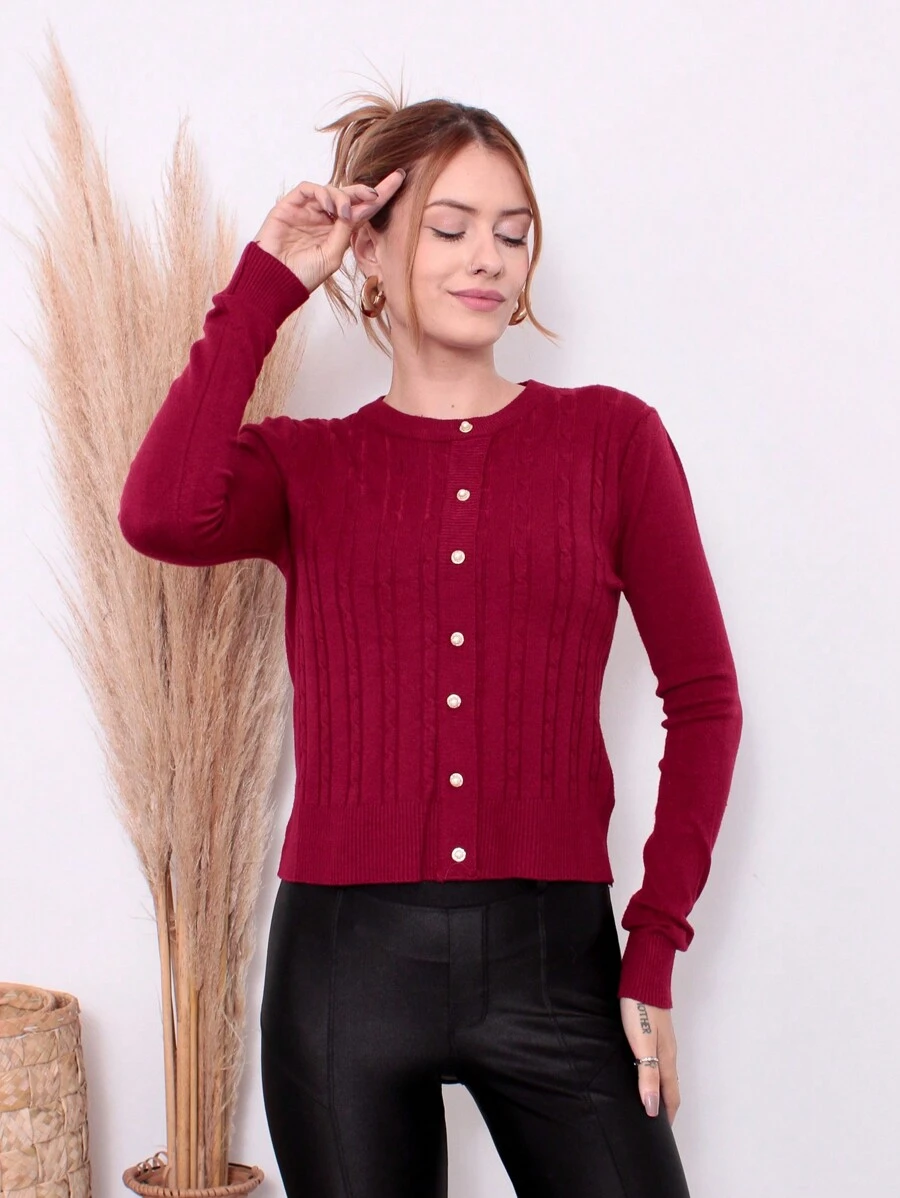 Cold Weather Blouse Long Sleeve Knitted Sweater With Buttons Winter Fashion YX021 - Màu Đỏ Sâu - Xem 1