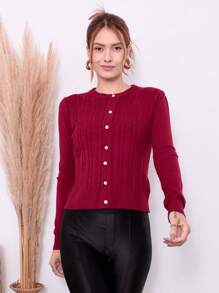 Cold Weather Blouse Long Sleeve Knitted Sweater With Buttons Winter Fashion YX021 - Màu Đỏ Sâu - Xem 4
