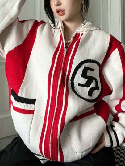 Cárdigan de punto con cuello polo, bolsillos con cremallera, estampado de letras en inglés, de estilo deportivo, suelto y cálido para mujer, para otoño/invierno