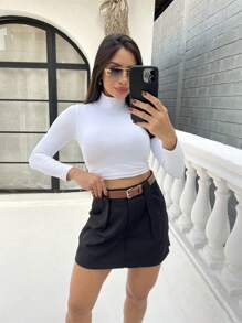 Women's Short Skirt / Front Knife Pocket / Belt Loops / With Belt / D038 - màu đen - Xem 3