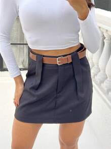 Women's Short Skirt / Front Knife Pocket / Belt Loops / With Belt / D038 - màu đen - Xem 7