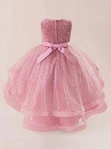 Young Girls Sleeveless Round Neck Sequin Bow Tulle Trailing Puffy Dress, Elegant For Weddings & Parties, Excluding Headband - Dusty Pink - View 2