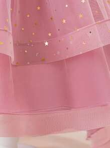 Young Girls Sleeveless Round Neck Sequin Bow Tulle Trailing Puffy Dress, Elegant For Weddings & Parties, Excluding Headband - Dusty Pink - View 7