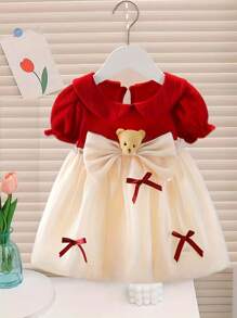 Baby Girl's Stylish Colorblock Bow Decor Peter Pan Collar Bubble Short Sleeve Dress, Summer