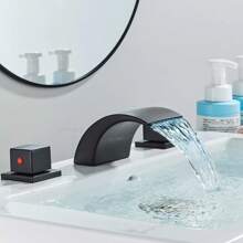 8" Widespread LED Bathroom Sink Basin Faucet 3 Holes Waterfall Vanity Mixer Taps - Matte Black - View 7