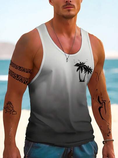 男士夏威夷风格热带海滩渐变色椰子树 3D 数码印花无袖背心，休闲运动户外家居服