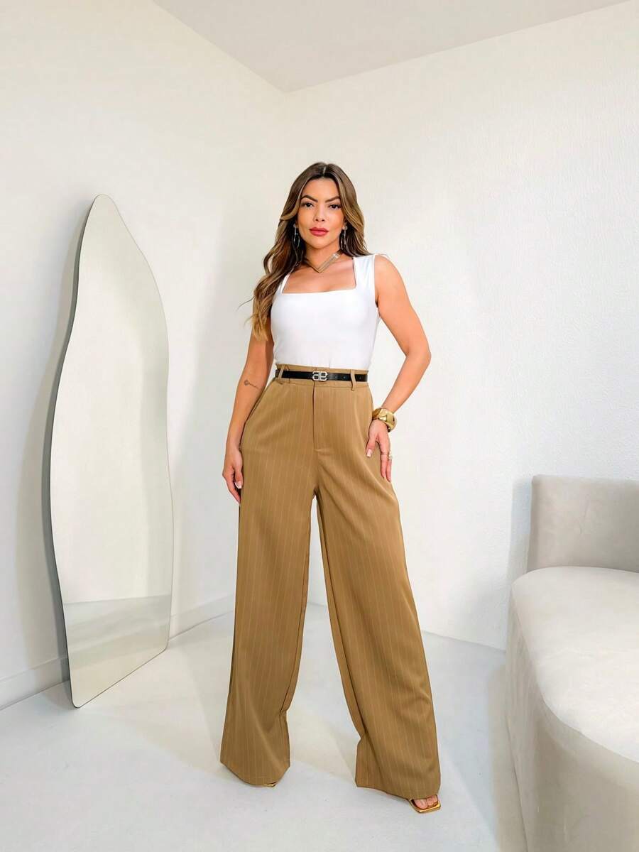 Striped Wide Leg Pants With Belt/AL844 - Camel - Ver 1