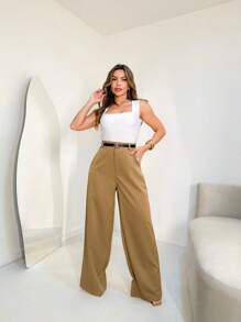 Striped Wide Leg Pants With Belt/AL844 - Camel - Ver 2