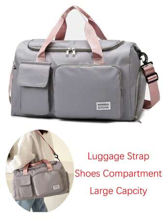 1 Pc Large Capacity Lightweight Duffle Bag With Adjustable Strap  And Handle, Travel Bag With Multi Compartments, Luggage Bag With Luggage Strap Design And Shoes Compartment, Travel Essentials,Portable Finishing Organizer Bag,Overnight Bag Carry On Bag,Sport Bag.Back To School.For Business, For Travel, For Hospital, Teen Girls Women College Students,White-Collar Workers.Perfect For Business Work,For Beach Summer Vacation.Note:Random Logo Letters