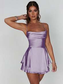 1pc Sexy Satin Backless Tie Cord Pleated Dress Fit For Bar Gathering, Home Use - Mauve Purple - View 4
