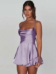 1pc Sexy Satin Backless Tie Cord Pleated Dress Fit For Bar Gathering, Home Use - Mauve Purple - View 5