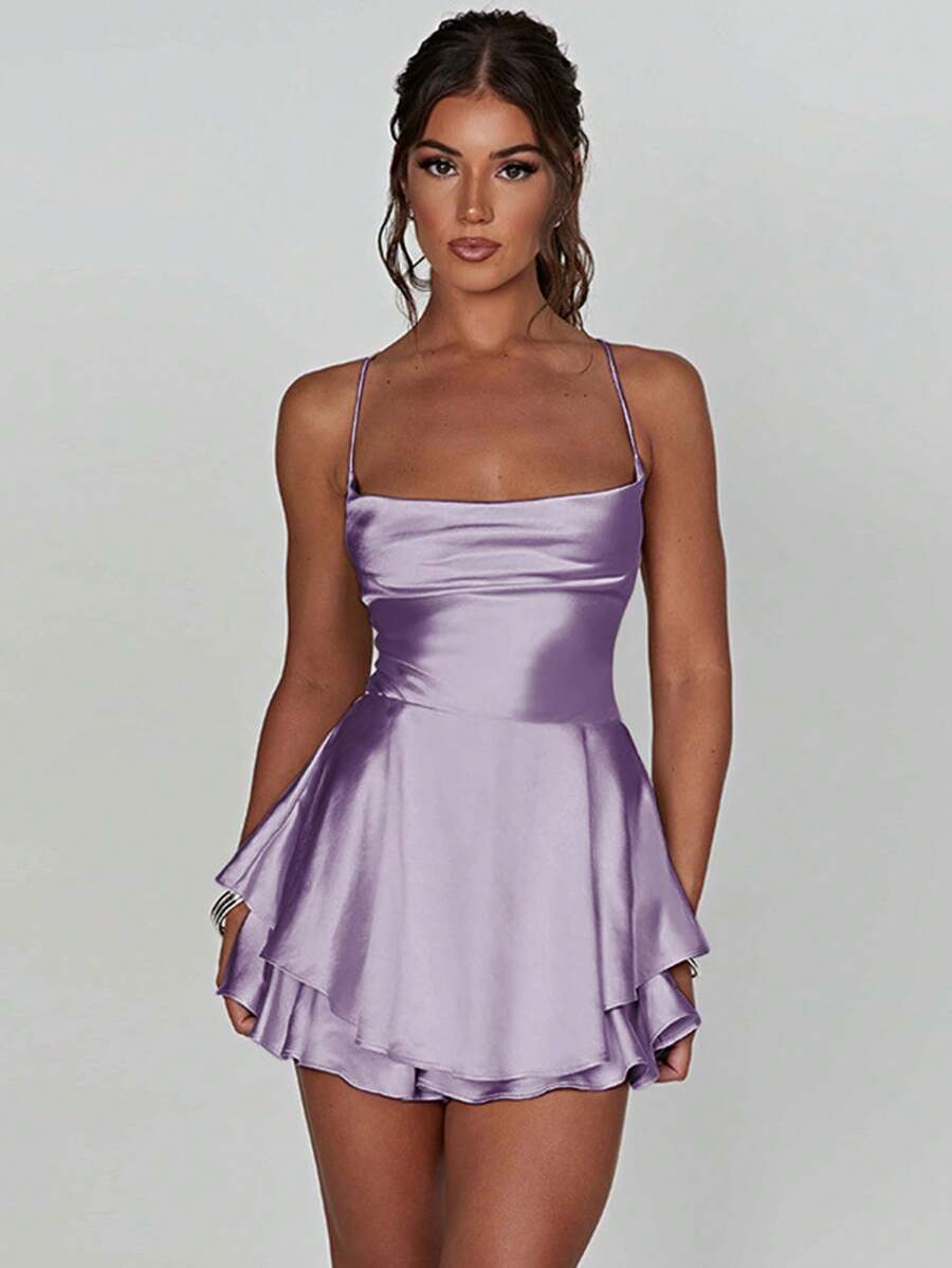 1pc Sexy Satin Backless Tie Cord Pleated Dress Fit For Bar Gathering, Home Use - Mauve Purple - View 1