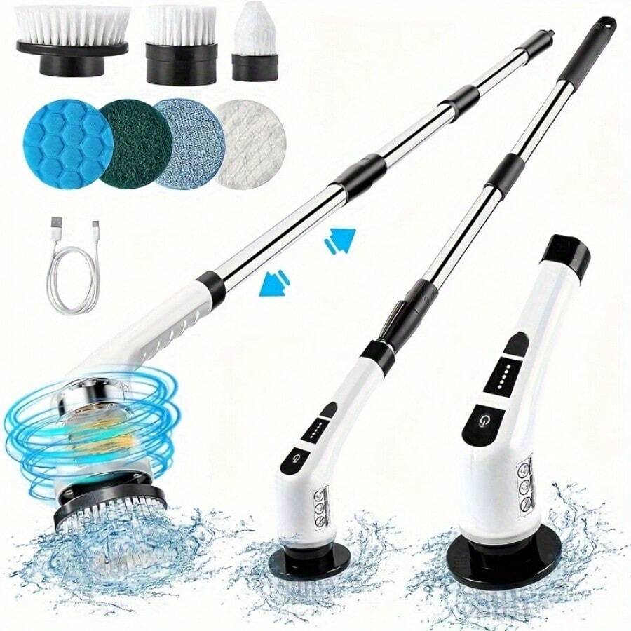 Electric Spin Scrubber Adjustable Speeds Cordless Electric Scrubber For Cleaning, Adjustable & Detachable Handle Shower Scrubber With 7 Replaceable Brush Heads For Floor Bathroom Tub Tile - trắng - Xem 1
