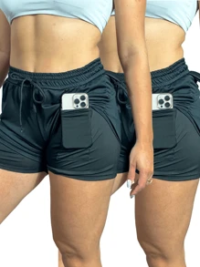 Women's 2 In 1 Shorts Men's Gym Running Workout Shorts With Elastane - màu đen - Xem 1