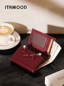 ITAMOOD Quiet Luxury Genuine Split Two Layer Cowhide Leather Designer RFID Blocking Pearls Decor Burgundy Purse For Teacher Gifts Mini Wallet Purse Wallet Men Wallet Leather Small Wallet Cute Wallet For Women Wallet - Multicolor - View 4