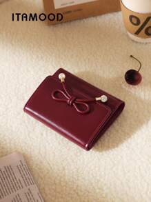 ITAMOOD Quiet Luxury Genuine Split Two Layer Cowhide Leather Designer RFID Blocking Pearls Decor Burgundy Purse For Teacher Gifts Mini Wallet Purse Wallet Men Wallet Leather Small Wallet Cute Wallet For Women Wallet - Multicolor - View 3