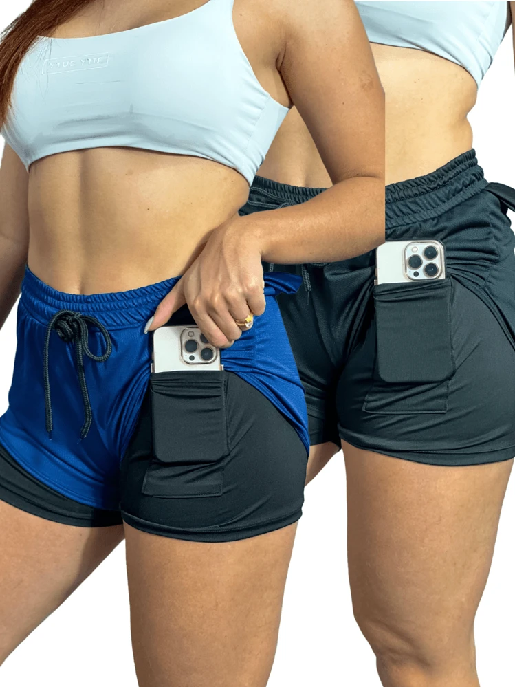 KIT 2 Short Feminino 2 em 1 Bermuda Academia Masculino Corrida Treino Com Elastano - Azul Empoeirado - Visão 1