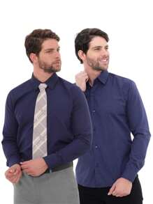 KIT Masculino 2 Peças - Camisa Social Tipo Linho Azul Marinho e Camisa Social Manga Longa Slim Azul Marinho - Azul Marinho - Visão 1