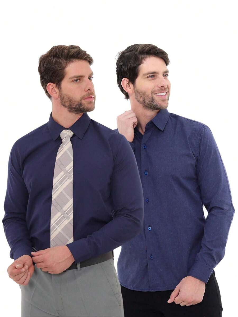KIT Masculino 2 Peças - Camisa Social Tipo Linho Azul Marinho e Camisa Social Manga Longa Slim Azul Marinho - Azul Marinho - Visão 1