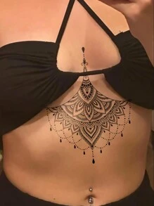 2 hojas de tatuajes temporales de arte corporal de gran tamaño para mujeres, con patrones de encaje de henna negra mandala sexy, tatuajes falsos impermeables que duran de 2 a 5 días, para cubrir cicatrices, se pueden usar en brazos, muñecas, hombros, piernas, cintura, cuello, manos, pecho y muslos - Negro - Ver 2