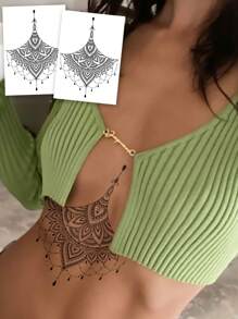 2 hojas de tatuajes temporales de arte corporal de gran tamaño para mujeres, con patrones de encaje de henna negra mandala sexy, tatuajes falsos impermeables que duran de 2 a 5 días, para cubrir cicatrices, se pueden usar en brazos, muñecas, hombros, piernas, cintura, cuello, manos, pecho y muslos - Negro - Ver 1