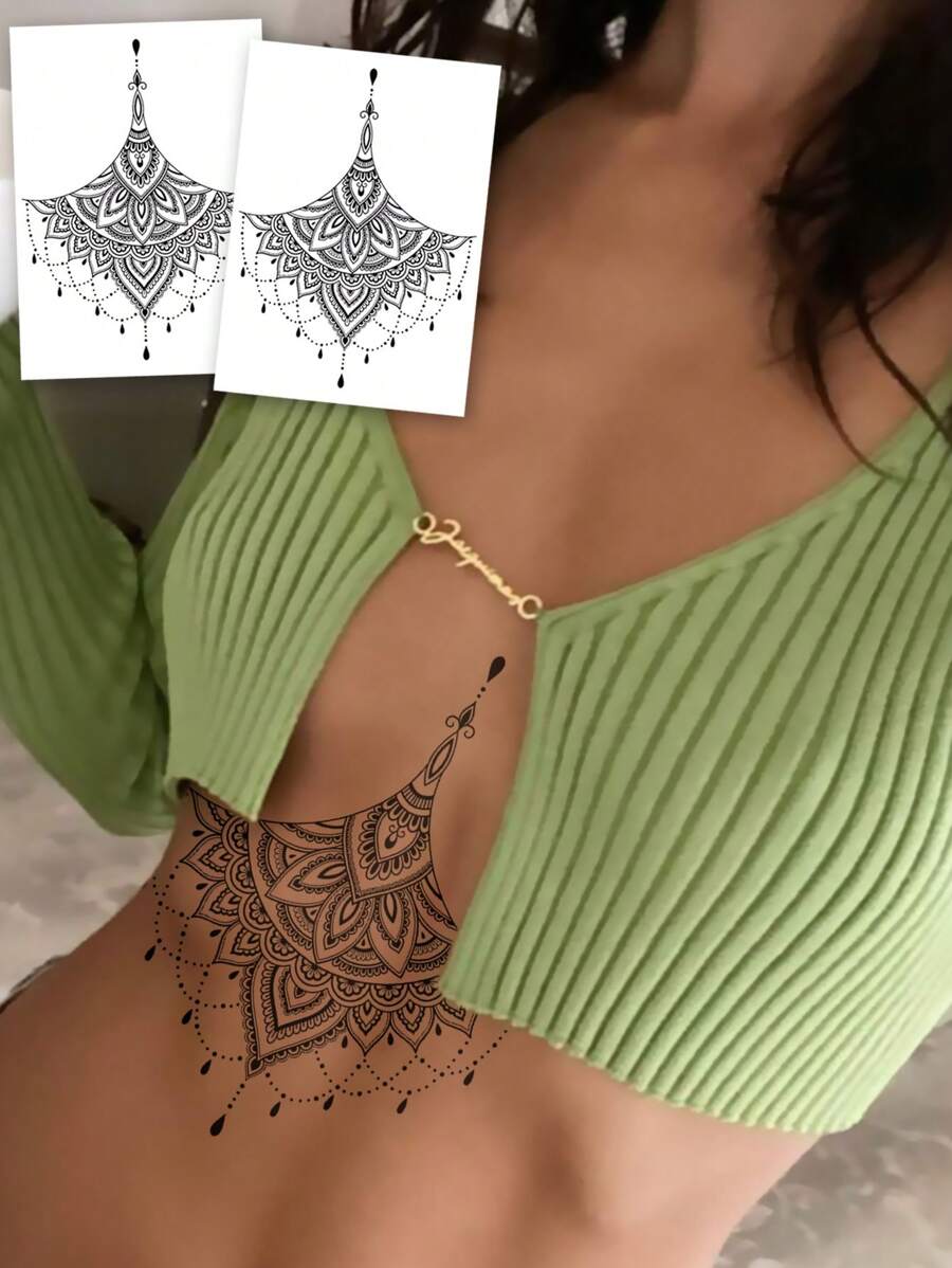 2 hojas de tatuajes temporales de arte corporal de gran tamaño para mujeres, con patrones de encaje de henna negra mandala sexy, tatuajes falsos impermeables que duran de 2 a 5 días, para cubrir cicatrices, se pueden usar en brazos, muñecas, hombros, piernas, cintura, cuello, manos, pecho y muslos - Negro - Ver 1