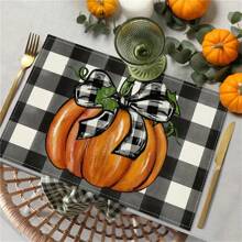 Bộ 4 miếng lót đĩa hình quả bí ngô mừng lễ Tạ ơn, thiết kế nơ kẻ caro màu nước mùa thu, miếng lót bàn bằng vải lanh dệt, có thể giặt bằng máy, hình chữ nhật, thích hợp để trang trí phòng ăn mùa thu - 12x18 inch - Nhiều màu - Xem 6