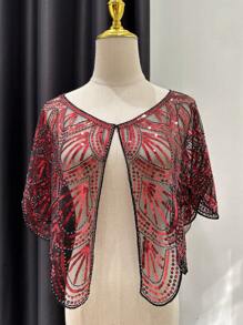 1920s Vintage Paillettes ricamate Scialle flapper sottile e traspirante, inelastico, pullover elegante, abito corrispondente corto scialle per donne feste - bianco argento - Visualizzare 7