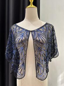 1920s Vintage Paillettes ricamate Scialle flapper sottile e traspirante, inelastico, pullover elegante, abito corrispondente corto scialle per donne feste - bianco argento - Visualizzare 6