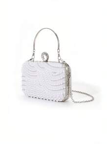1pc Luxury Personalized Pearl Handbag With Ring Handle, Elegant Bridal Clutch Purse, Classic Pearl Shoulder Chain Evening Bag, Perfect For Fashionable Women Attending Weddings, Birthdays, Graduations, Galas & More - White - View 2