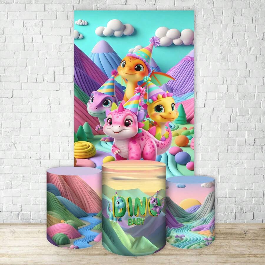 Decorative Cover Kit For Rectangular Panel + Trio Of Sublimated Cylinder Covers Various Themes Children's Dino Bab Dinosaur Colorful Foliage - 長方+3缸4601 - 查看 1