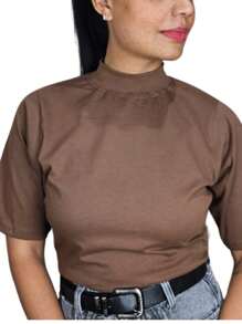 Women's Basic Plain Casual T-Shirt 3/4 Sleeve High Neck 100% Cotton - Rỉ Nâu - Xem 1