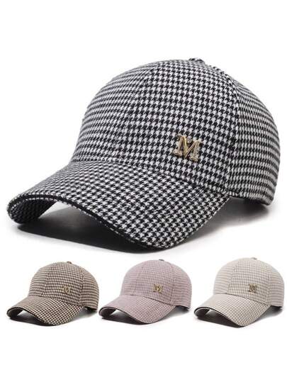 1 Stück elegante lässige Polyester Baseballkappe mit Hahnentritt Muster, Metalldekor und Kristallen, geeignet für Herbst und Winter