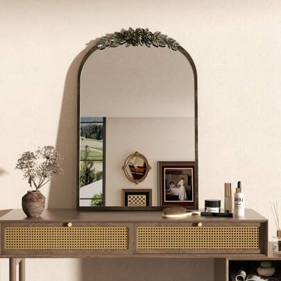 UNHO Baroque Gold Wall Mirror, Vintage Arched Mirror For Entrance Hall, Living Room, Fireplace, Bathroom Decoration