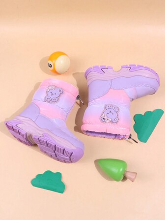 1pair Girls Purple Snow Boots, Cartoon Pattern, Waterproof, Winter Warm, Mid-Calf, Thick, Anti-Slip