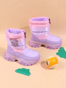 1 双女孩紫色雪地靴，卡通图案，防水，冬季保暖，中筒，厚，防滑 - 紫色 - 查看 3