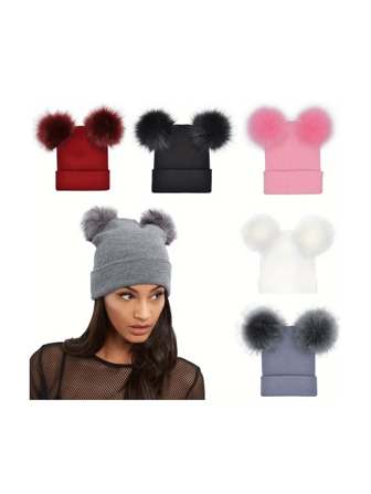1 pieza Nuevo sombrero de punto con doble pompón de moda, sombrero tipo jersey multicolor, cálido y cortavientos para otoño e invierno, sin restricción de género ni edad