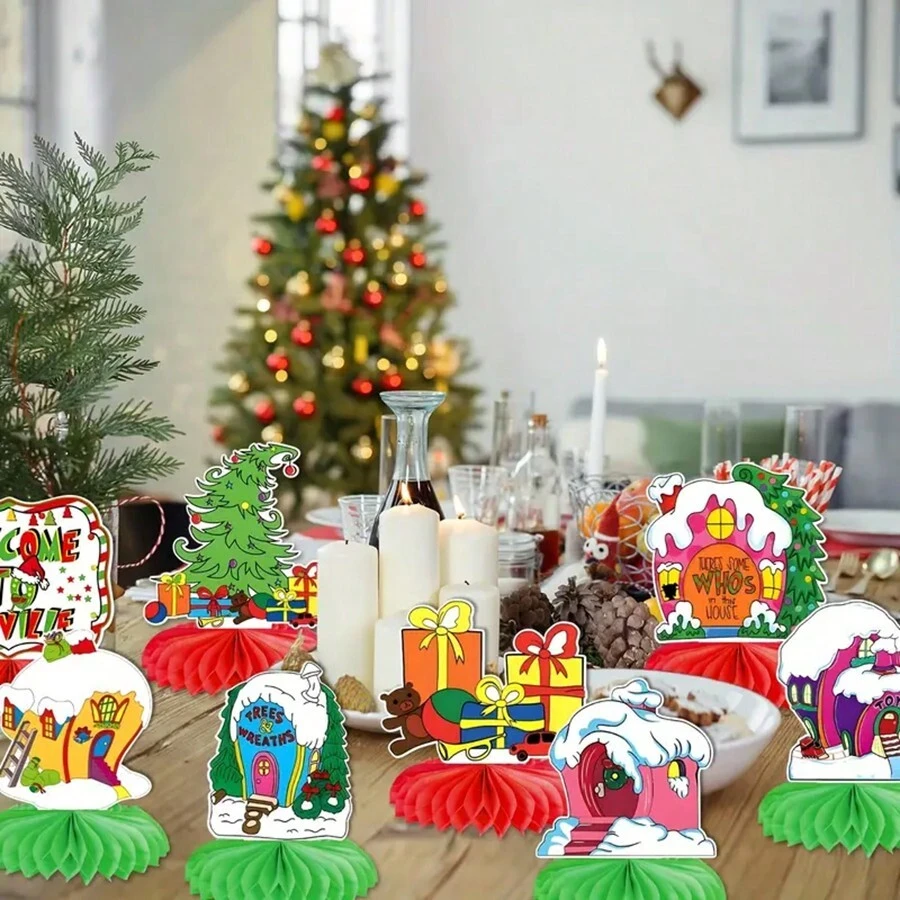 圣诞派对装饰品，8 件绿色蜂窝中心装饰品，绿色餐桌装饰品，圣诞节餐桌中心装饰品 - 彩色 - 查看 1