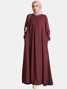 女士时尚纯色圆领长袖带口袋长袍，春季款 - 酒紅色 - 查看 1