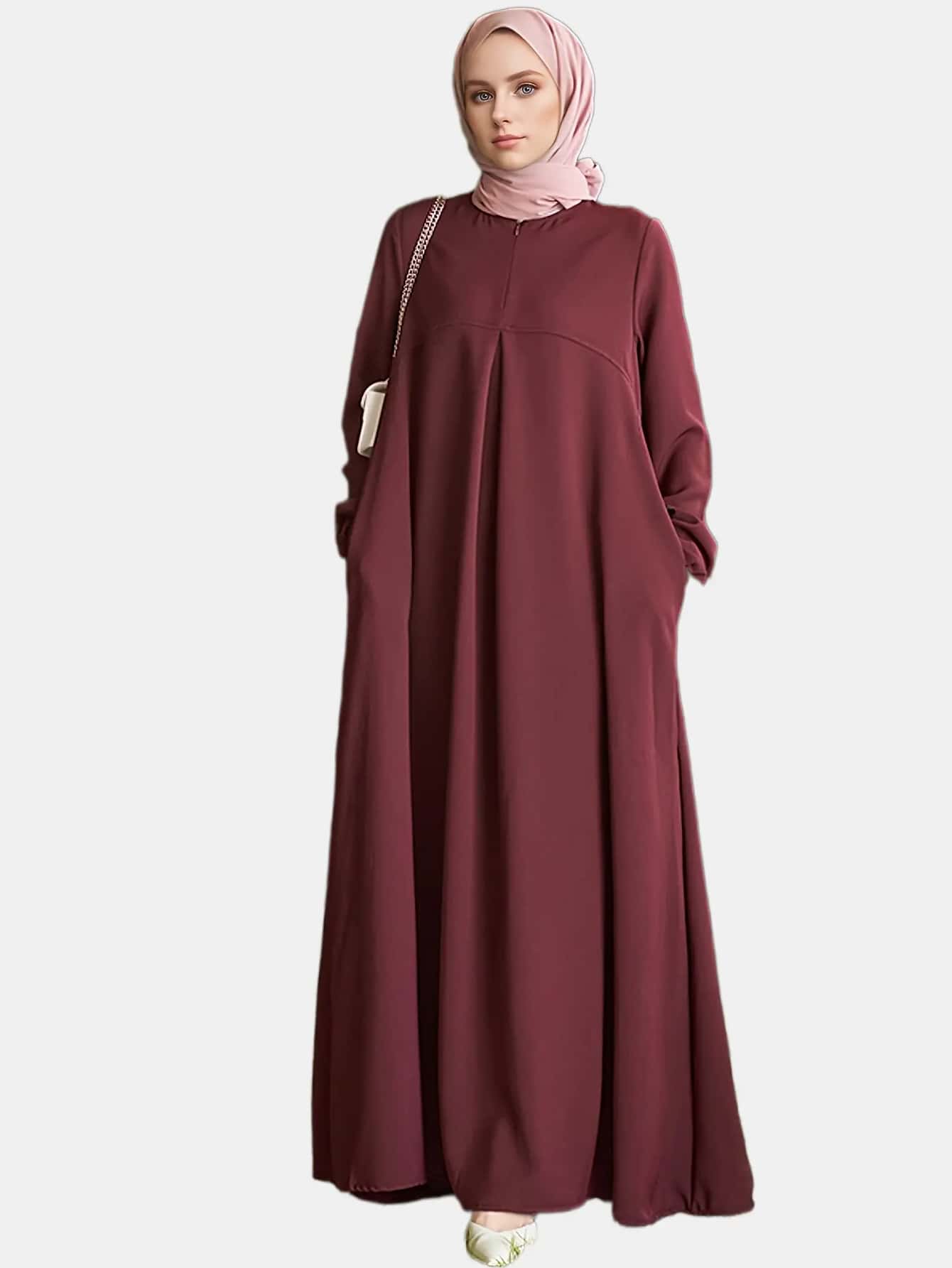 女士时尚纯色圆领长袖带口袋长袍,春季款 - 酒紅色 - 查看 1
