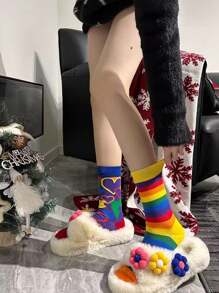 1 双男女款个性化彩虹小马图案时尚街头风格中筒袜，适合所有季节，适合骄傲节、秋季 - 彩色 - 查看 3