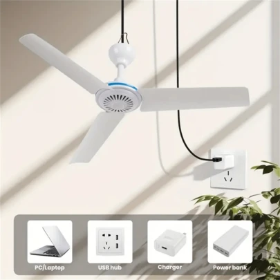 便携式迷你吊扇空气冷却器 - USB 供电、紧凑、安静、可充电、5V、床上、露营、户外、悬挂、露营帐篷吊扇，用于个人空间冷却