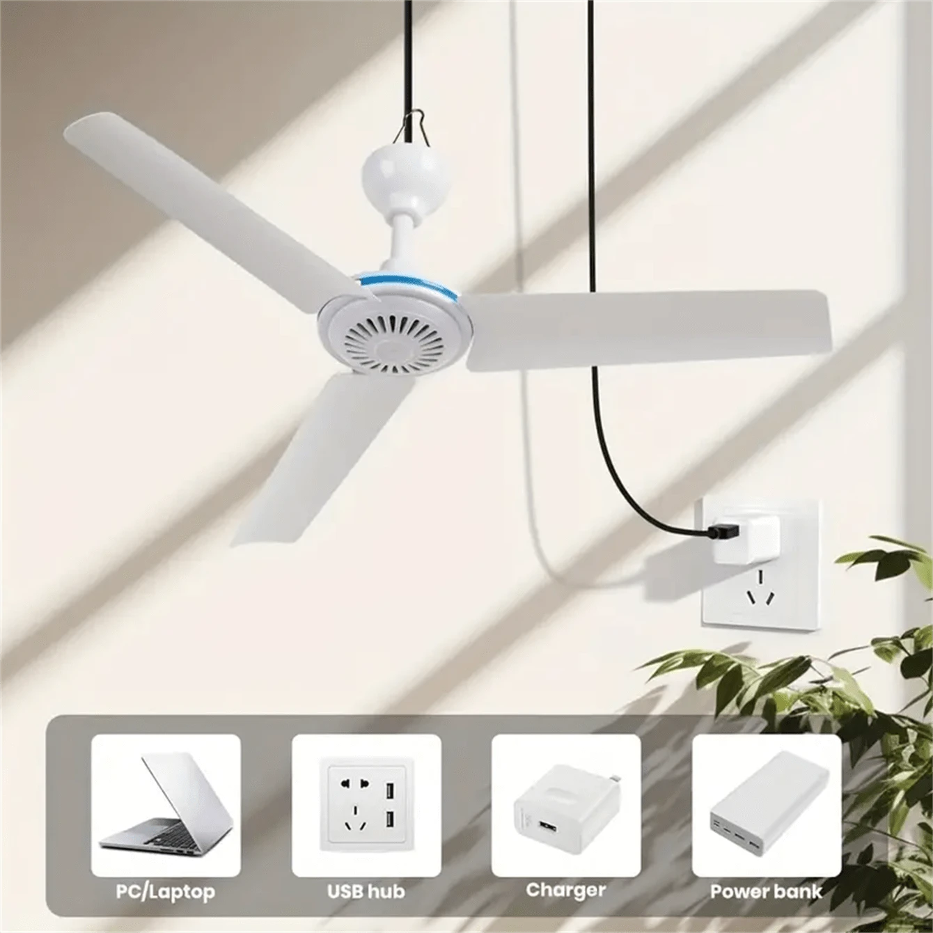 便携式迷你吊扇空气冷却器 - USB 供电、紧凑、安静、可充电、5V、床上、露营、户外、悬挂、露营帐篷吊扇，用于个人空间冷却 - 白色 - 查看 1