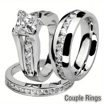 1 件优雅情侣戒指套装，不锈钢女士订婚/结婚戒指，配男士戒指，珠宝礼物