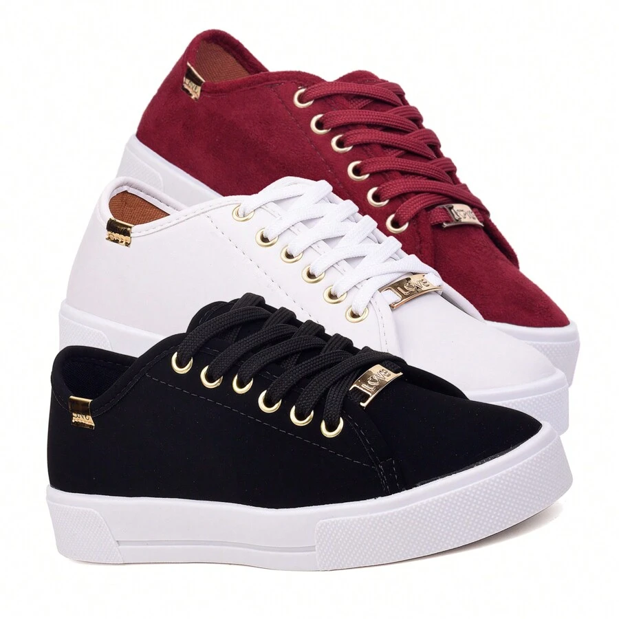 Kit 3 Pairs Women's Casual Flatform Love Basic Sneakers Plain High Sole Lace-Up - ĐEN/TRẮNG/BORDON - Xem 1