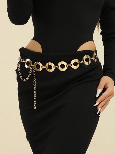 1pc Women's Metal Gold Hollow Circular Mirror Waist Chain, Adjustable Fashionable Waist Belt Suitable For Daily, Party & Gift Summer School Fall, Autumn, Halloween