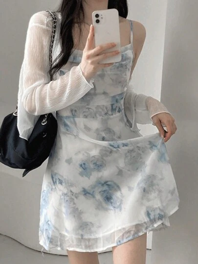 优雅花卉印花无袖连衣裙，夏季