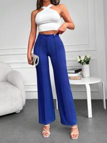 Women's Wide Leg Tailored Pants With Elegant Lines - 寶藍色 - 查看 3