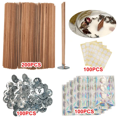 100pcs/200pcs/300pcs Cherry Wood Candle Wicks With Iron Holder, Smoke-Free Crackling Wood Cores, Candle Glue Dots, Candle Warning Labels For DIY Candle Making