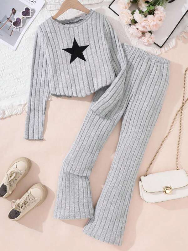 Tween Girls Star Embroidered Long Sleeve T-Shirt And Ribbed Sweatpants Casual Outfit